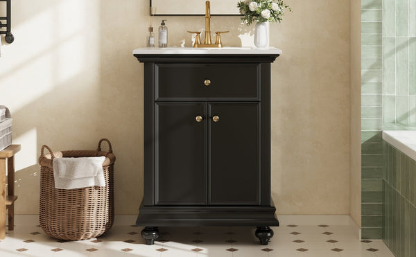 English Elm 24 Inch French Country Bathroom Vanity with Ceramic Sink Soft Close Cabinet and Gold Knobs Black N710P446538B