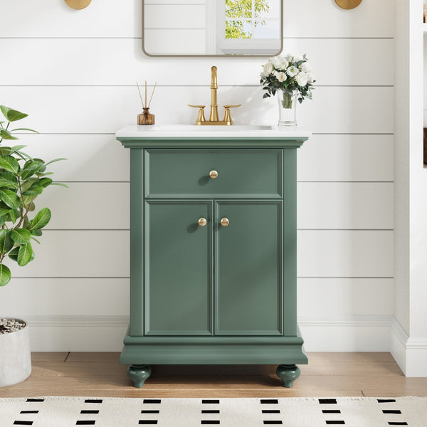 English Elm 24 Inch French Country Bathroom Vanity with Ceramic Sink Soft Close Cabinet and Gold Knobs Green N710P446538F