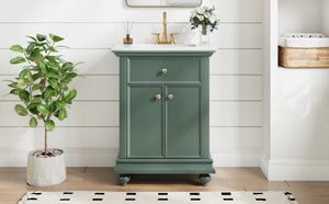 English Elm 24 Inch French Country Bathroom Vanity with Ceramic Sink Soft Close Cabinet and Gold Knobs Green N710P446538F