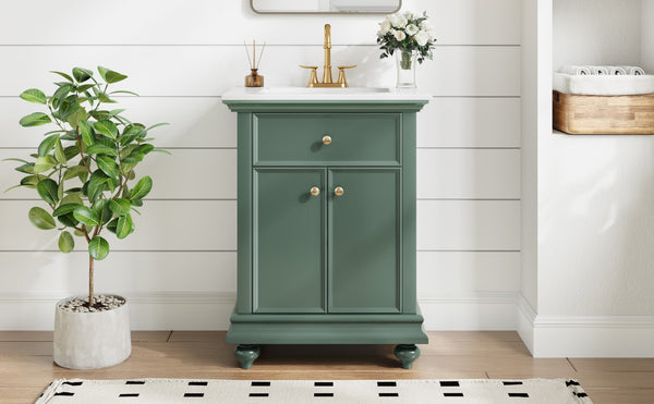 English Elm 24 Inch French Country Bathroom Vanity with Ceramic Sink Soft Close Cabinet and Gold Knobs Green N710P446538F