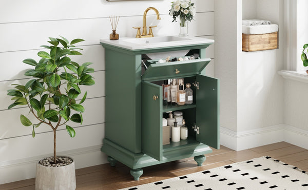 English Elm 24 Inch French Country Bathroom Vanity with Ceramic Sink Soft Close Cabinet and Gold Knobs Green N710P446538F