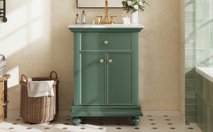 English Elm 24 Inch French Country Bathroom Vanity with Ceramic Sink Soft Close Cabinet and Gold Knobs Green N710P446538F