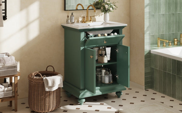 English Elm 24 Inch French Country Bathroom Vanity with Ceramic Sink Soft Close Cabinet and Gold Knobs Green N710P446538F