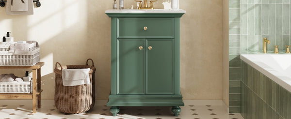 English Elm 24 Inch French Country Bathroom Vanity with Ceramic Sink Soft Close Cabinet and Gold Knobs Green N710P446538F