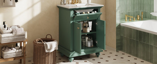 English Elm 24 Inch French Country Bathroom Vanity with Ceramic Sink Soft Close Cabinet and Gold Knobs Green N710P446538F