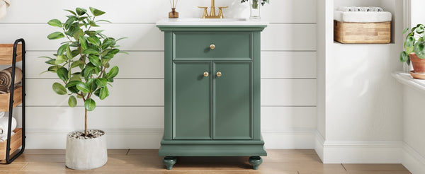 English Elm 24 Inch French Country Bathroom Vanity with Ceramic Sink Soft Close Cabinet and Gold Knobs Green N710P446538F