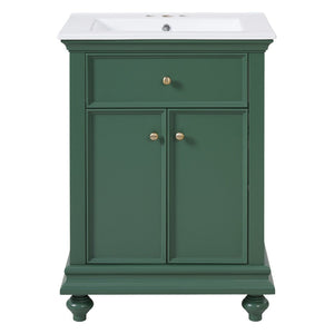 English Elm 24 Inch French Country Bathroom Vanity with Ceramic Sink Soft Close Cabinet and Gold Knobs Green N710P446538F