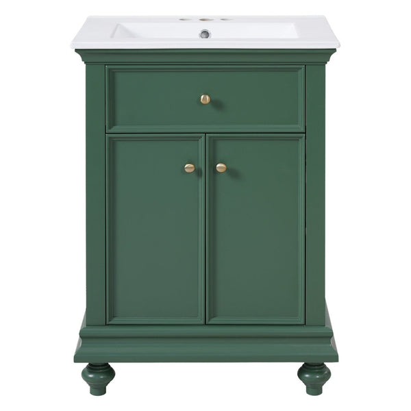 English Elm 24 Inch French Country Bathroom Vanity with Ceramic Sink Soft Close Cabinet and Gold Knobs Green N710P446538F