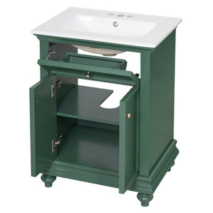 English Elm 24 Inch French Country Bathroom Vanity with Ceramic Sink Soft Close Cabinet and Gold Knobs Green N710P446538F