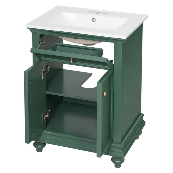 English Elm 24 Inch French Country Bathroom Vanity with Ceramic Sink Soft Close Cabinet and Gold Knobs Green N710P446538F