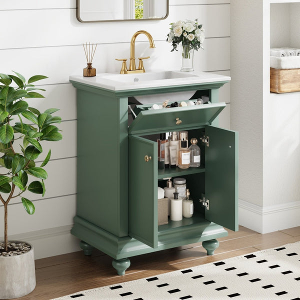 English Elm 24 Inch French Country Bathroom Vanity with Ceramic Sink Soft Close Cabinet and Gold Knobs Green N710P446538F