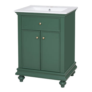 English Elm 24 Inch French Country Bathroom Vanity with Ceramic Sink Soft Close Cabinet and Gold Knobs Green N710P446538F