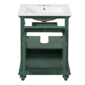 English Elm 24 Inch French Country Bathroom Vanity with Ceramic Sink Soft Close Cabinet and Gold Knobs Green N710P446538F