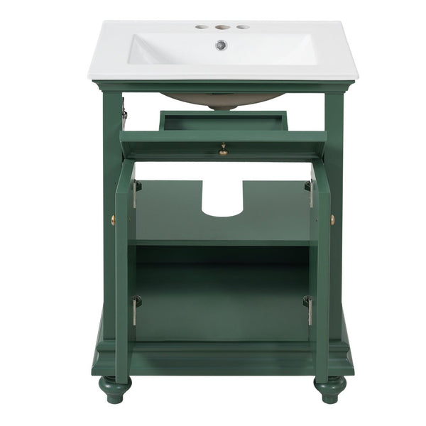 English Elm 24 Inch French Country Bathroom Vanity with Ceramic Sink Soft Close Cabinet and Gold Knobs Green N710P446538F