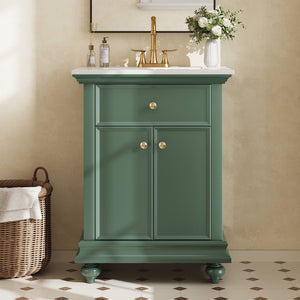 English Elm 24 Inch French Country Bathroom Vanity with Ceramic Sink Soft Close Cabinet and Gold Knobs Green N710P446538F