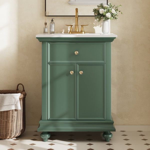 English Elm 24 Inch French Country Bathroom Vanity with Ceramic Sink Soft Close Cabinet and Gold Knobs Green N710P446538F