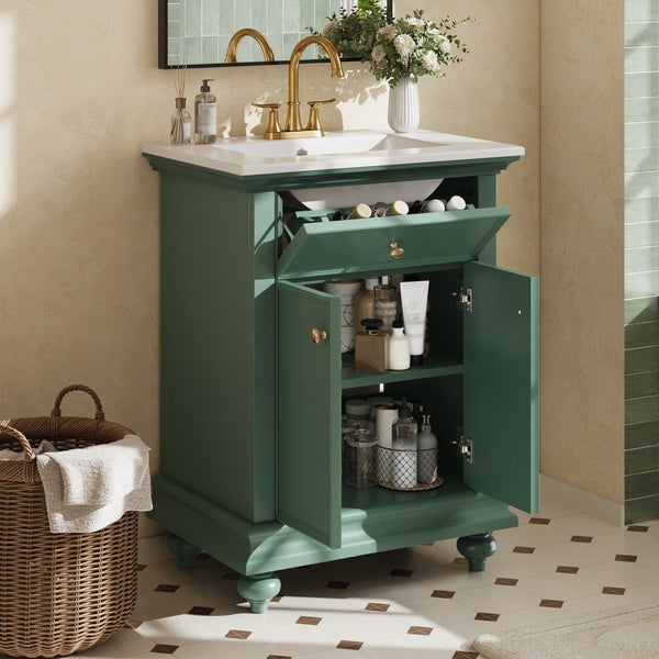 English Elm 24 Inch French Country Bathroom Vanity with Ceramic Sink Soft Close Cabinet and Gold Knobs Green N710P446538F