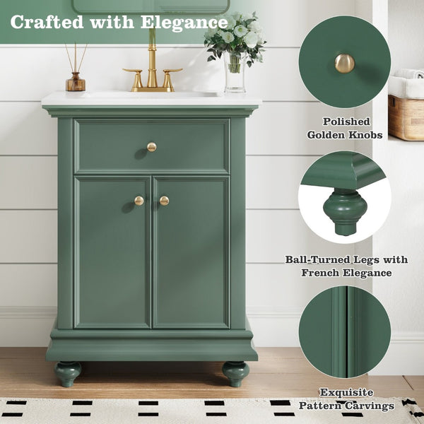 English Elm 24 Inch French Country Bathroom Vanity with Ceramic Sink Soft Close Cabinet and Gold Knobs Green N710P446538F