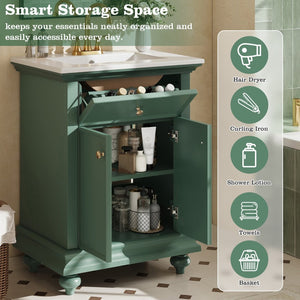 English Elm 24 Inch French Country Bathroom Vanity with Ceramic Sink Soft Close Cabinet and Gold Knobs Green N710P446538F