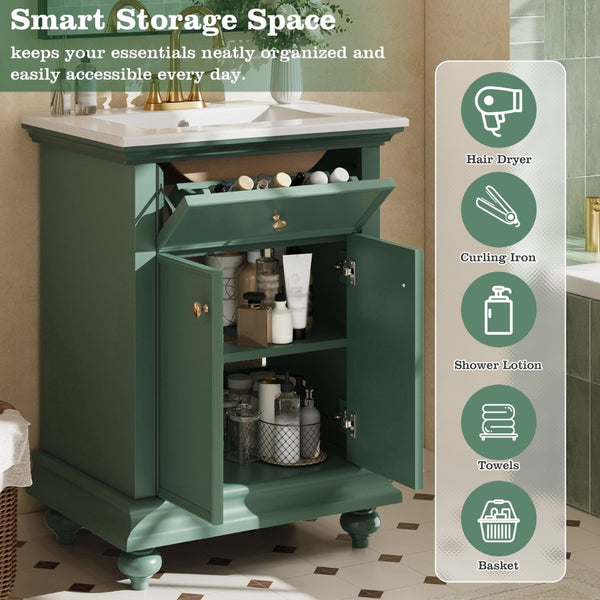 English Elm 24 Inch French Country Bathroom Vanity with Ceramic Sink Soft Close Cabinet and Gold Knobs Green N710P446538F