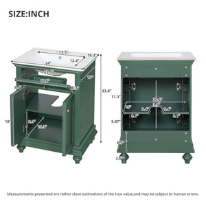 English Elm 24 Inch French Country Bathroom Vanity with Ceramic Sink Soft Close Cabinet and Gold Knobs Green N710P446538F