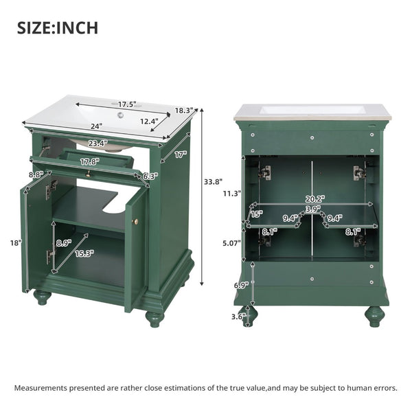 English Elm 24 Inch French Country Bathroom Vanity with Ceramic Sink Soft Close Cabinet and Gold Knobs Green N710P446538F