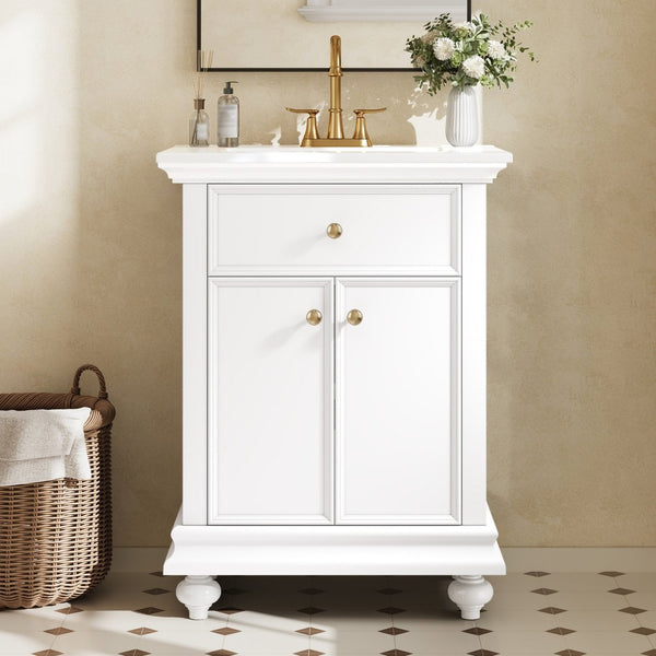 English Elm 24 Inch French Country Bathroom Vanity with Ceramic Sink Soft Close Cabinet and Gold Knobs White N710P446538K