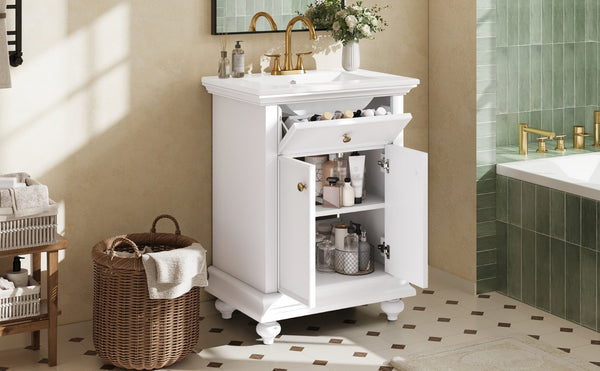 English Elm 24 Inch French Country Bathroom Vanity with Ceramic Sink Soft Close Cabinet and Gold Knobs White N710P446538K