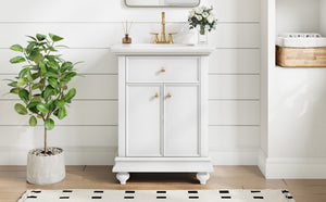 English Elm 24 Inch French Country Bathroom Vanity with Ceramic Sink Soft Close Cabinet and Gold Knobs White N710P446538K