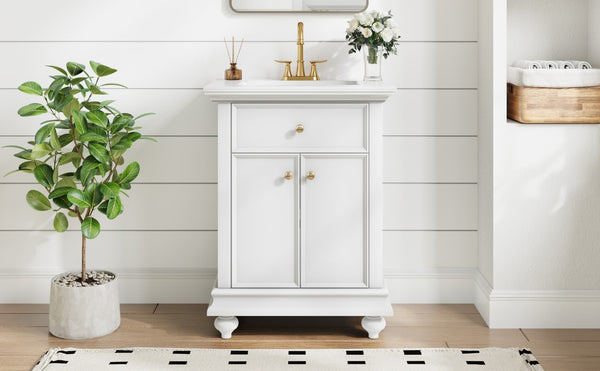 English Elm 24 Inch French Country Bathroom Vanity with Ceramic Sink Soft Close Cabinet and Gold Knobs White N710P446538K