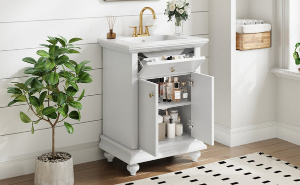 English Elm 24 Inch French Country Bathroom Vanity with Ceramic Sink Soft Close Cabinet and Gold Knobs White N710P446538K