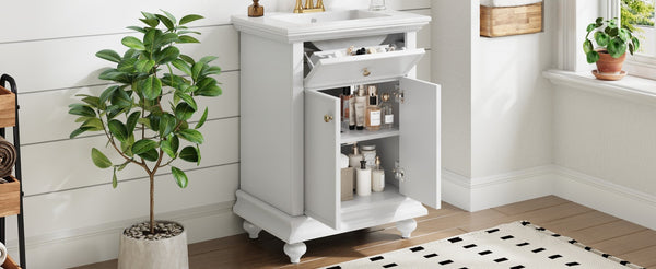 English Elm 24 Inch French Country Bathroom Vanity with Ceramic Sink Soft Close Cabinet and Gold Knobs White N710P446538K