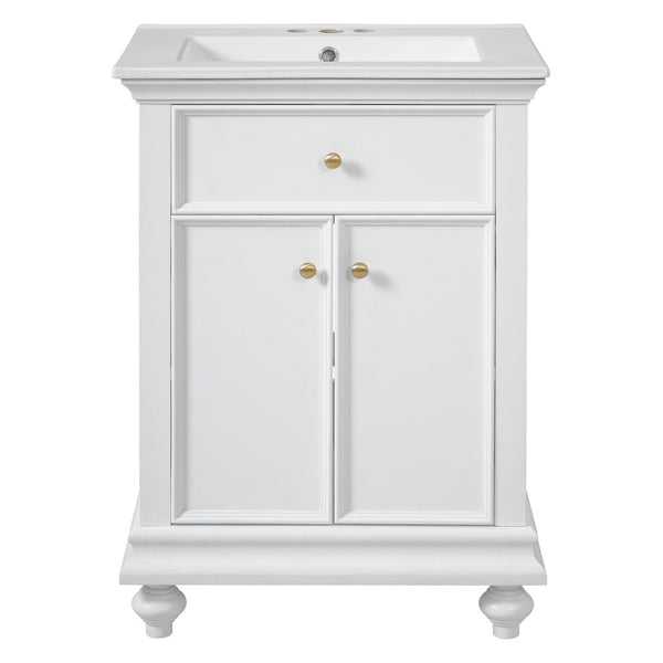 English Elm 24 Inch French Country Bathroom Vanity with Ceramic Sink Soft Close Cabinet and Gold Knobs White N710P446538K