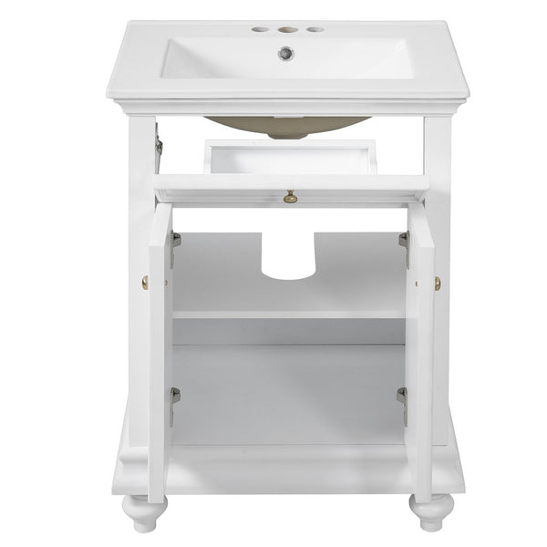 English Elm 24 Inch French Country Bathroom Vanity with Ceramic Sink Soft Close Cabinet and Gold Knobs White N710P446538K
