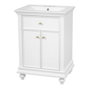 English Elm 24 Inch French Country Bathroom Vanity with Ceramic Sink Soft Close Cabinet and Gold Knobs White N710P446538K