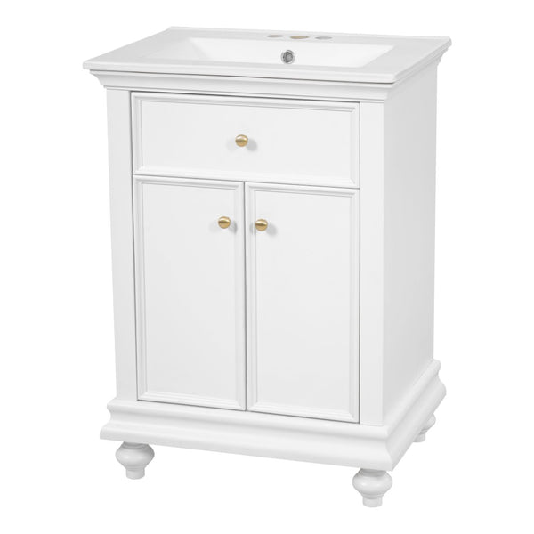English Elm 24 Inch French Country Bathroom Vanity with Ceramic Sink Soft Close Cabinet and Gold Knobs White N710P446538K