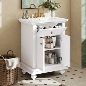 English Elm 24 Inch French Country Bathroom Vanity with Ceramic Sink Soft Close Cabinet and Gold Knobs White N710P446538K