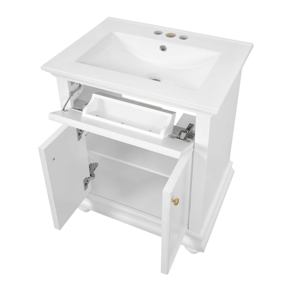 English Elm 24 Inch French Country Bathroom Vanity with Ceramic Sink Soft Close Cabinet and Gold Knobs White N710P446538K