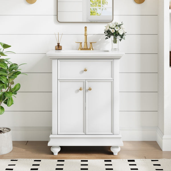 English Elm 24 Inch French Country Bathroom Vanity with Ceramic Sink Soft Close Cabinet and Gold Knobs White N710P446538K