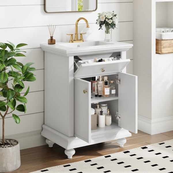 English Elm 24 Inch French Country Bathroom Vanity with Ceramic Sink Soft Close Cabinet and Gold Knobs White N710P446538K