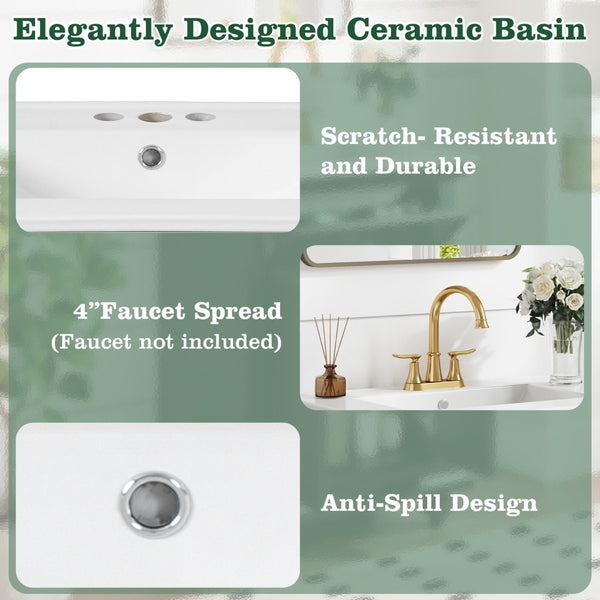 English Elm 24 Inch French Country Bathroom Vanity with Ceramic Sink Soft Close Cabinet and Gold Knobs White N710P446538K