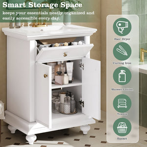English Elm 24 Inch French Country Bathroom Vanity with Ceramic Sink Soft Close Cabinet and Gold Knobs White N710P446538K