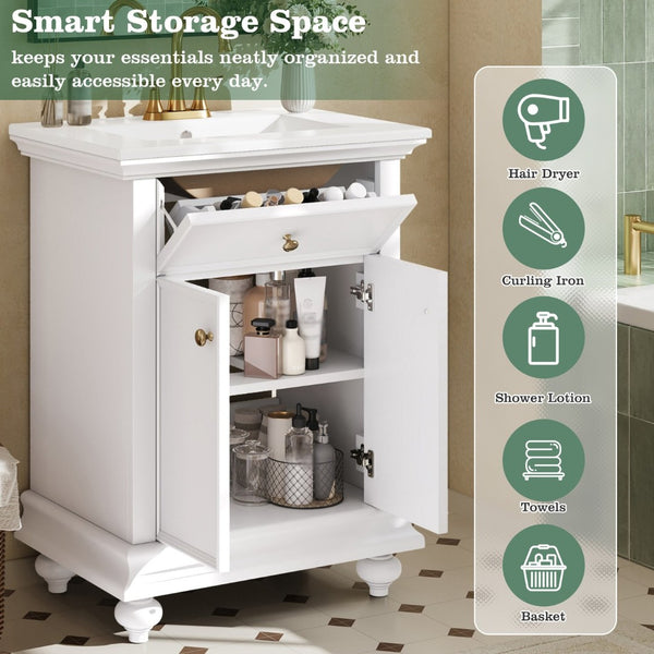 English Elm 24 Inch French Country Bathroom Vanity with Ceramic Sink Soft Close Cabinet and Gold Knobs White N710P446538K