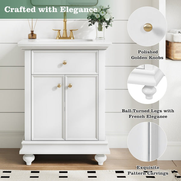 English Elm 24 Inch French Country Bathroom Vanity with Ceramic Sink Soft Close Cabinet and Gold Knobs White N710P446538K