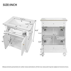 English Elm 24 Inch French Country Bathroom Vanity with Ceramic Sink Soft Close Cabinet and Gold Knobs White N710P446538K