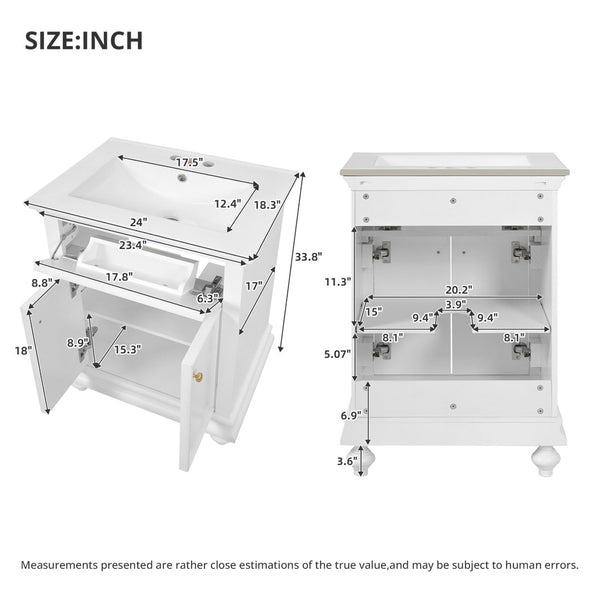 English Elm 24 Inch French Country Bathroom Vanity with Ceramic Sink Soft Close Cabinet and Gold Knobs White N710P446538K