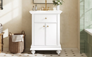 English Elm 24 Inch French Country Bathroom Vanity with Ceramic Sink Soft Close Cabinet and Gold Knobs White N710P446538K