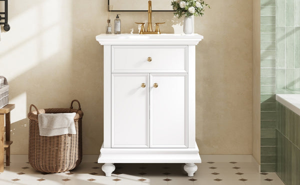 English Elm 24 Inch French Country Bathroom Vanity with Ceramic Sink Soft Close Cabinet and Gold Knobs White N710P446538K