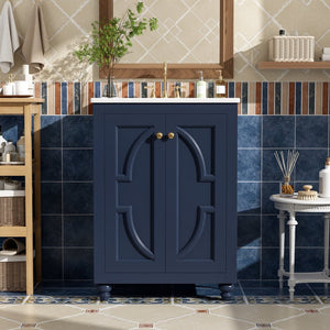 English Elm 24 Inch French Country Bathroom Vanity with Carved Legs Ceramic Sink and Soft Close Door Blue N710P448316C