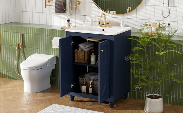 English Elm 24 Inch French Country Bathroom Vanity with Carved Legs Ceramic Sink and Soft Close Door Blue N710P448316C